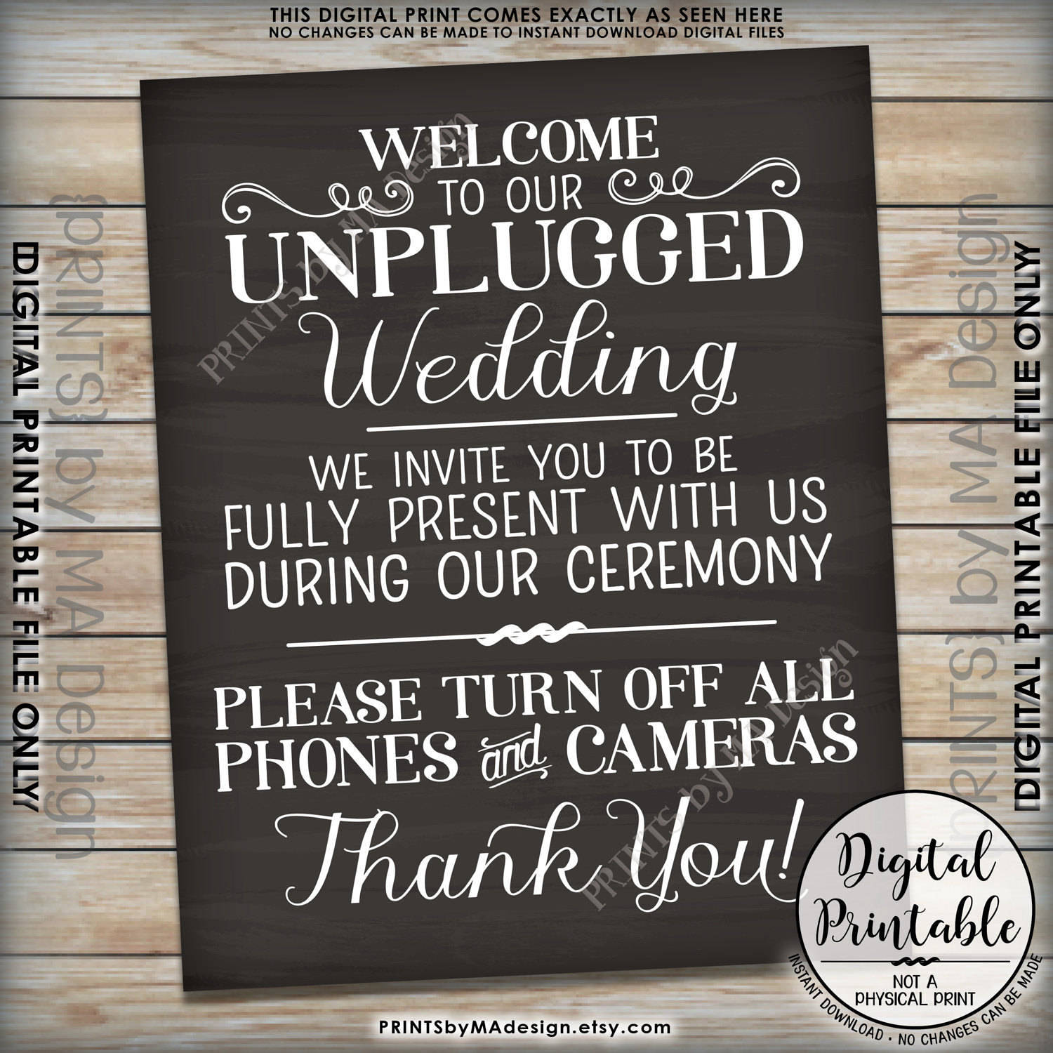 Unplugged Wedding Sign No Phones or Cameras Unplugged Ceremony Sign