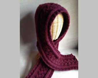 Alpaca Hooded Scarf - Hand-knit - with Celtic Cables - Wine/Purple