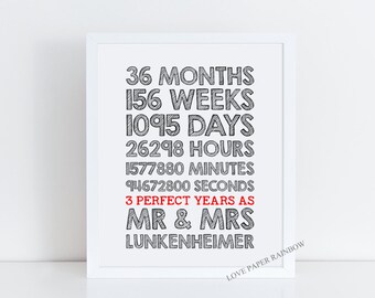 3rd wedding anniversary gift, 3rd anniversary gift 3rd anniversary print, 3 years together, personalised anniversary, 3 perfect years
