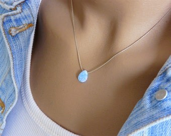 Drop Opal necklace, Blue drop opal pendant, Pear opal necklace, Opal jewelry, October birthstone, Everyday necklace, Opal jewellery