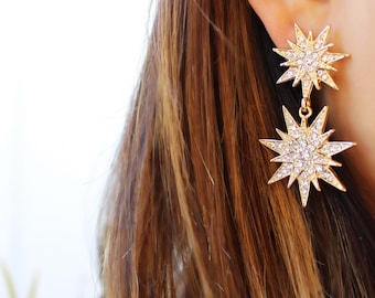 Statement Star Dangle Earrings- Star Jewelry/ Gold Star/ Starburst Drops/ Celestial Jewelry/ Astrology/ Sunburst/ Starlight/ Gifts for Her