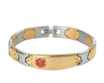 Elegant PVD G/S 316L Medical Alert Bracelet for Women -TP Red- Free Engraving, Wallet Card, Apps- 6880GTRRE