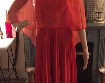 Vintage burnt orange empire waist pleated dress with sheer top and crochet collar