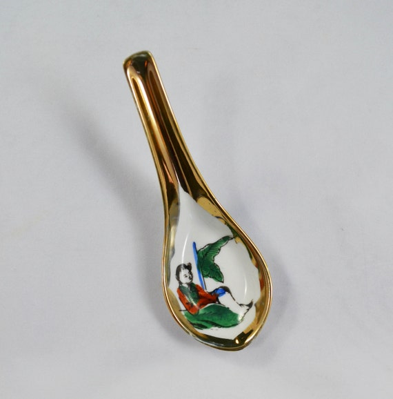 Vintage Chinese Soup Spoon Hand Painted Porcelain Spoon