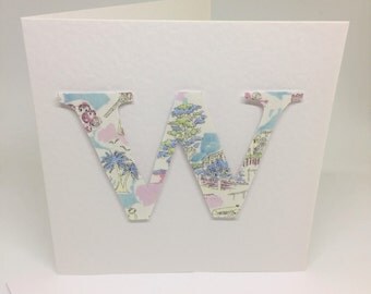Liberty Print initial card/isle of wight/monogram birthday card/personalised/made to order in a choice of twenty Liberty Print Designs