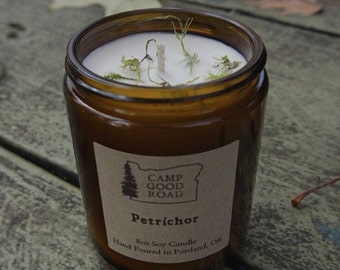 8oz PETRICHOR \ Scented Soy Candle \ Amber Glass Candle \ Container Candle