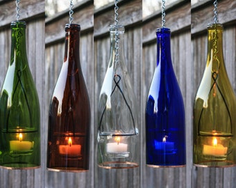 Hanging Wine Bottle Lantern - Hanging Votive - Seasonal Decoration - Outdoor Lighting - Gifts for Women - Gift for Mom - Hurricane Candle