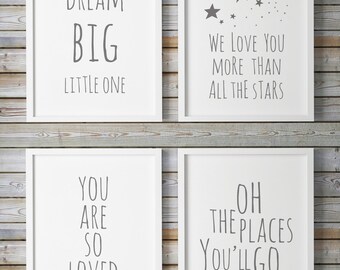 Nursery Quote, Gray Nursery Decor, Dream Big, Nursery Stars, Printable Nursery Wall Art, Kids Poster, Gender Neutral,Oh The Places You'll Go