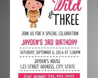 Young, Wild, and Three Invitations - DIY - Pink Tribal Tee Pee Invitations for a boy - Third Birthday Party Invites - Instant Download