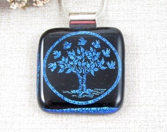 Blue Fused Dichroic Tree Pendant - Glass Tree of Life Necklace - Nature Jewelry