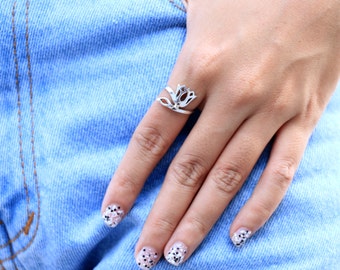 Lotus Ring, Flower Ring, Size: US 6-8 | 925 Sterling Silver, Yoga ring, Yoga Jewelry, Namaste - JC/TR038