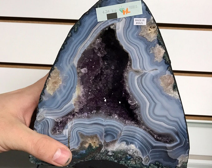 Amethyst Geode w/ Banded Agate Border from Brazil- Fung Shui \ Raw Amethyst \ Crystal Cluster \ Metaphysical \ Crystal \ Amethyst Crystal