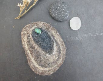 Felted brooch mussel shell in natural gray with Roman bead accent Mother's Day small gift
