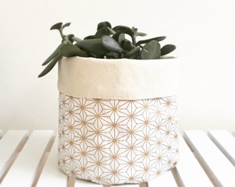 Gold geometric storage basket or plant pouch. Fabric basket, storage, fabric bin.