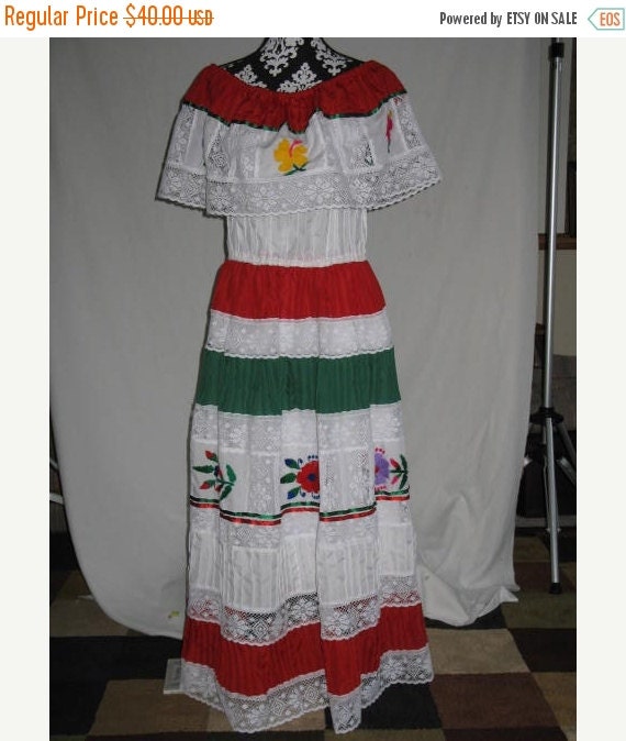 On Sale Mexican Fiesta Dress White Green Red Cotton Lace Off