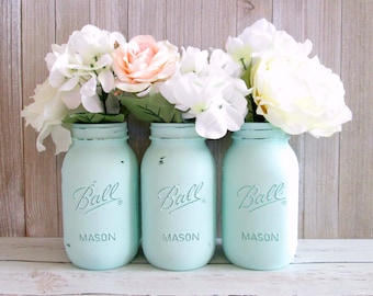 Mint Green Mason Jars - Mint Wedding Centerpieces - Mason Jar Decor - Set of 3 Quart Mason Jars - Baby Shower Centerpiece
