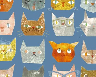 Fat Quarter Smarty Cats Heads Blue By Windham Fabrics, Cat Lover, Animal Lover, Pet Print, Kitty Heads