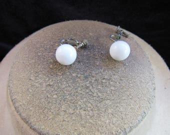 Vintage Pair Of White Beaded Clip/Screw Back Earrings