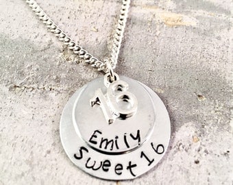 Personalized Sweet 16 Necklace, Heart necklace, Sweet 16 charm, custom necklace, sweet 16 birthday, birthday necklace, hand stamped name