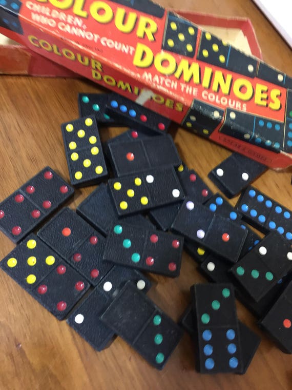 VINTAGE DOMINOE SET Double Six - Wooden Box Set of Black Acrylic/Resin Dominoes with Colourful Dots in Original Retro Box - Children's Toy