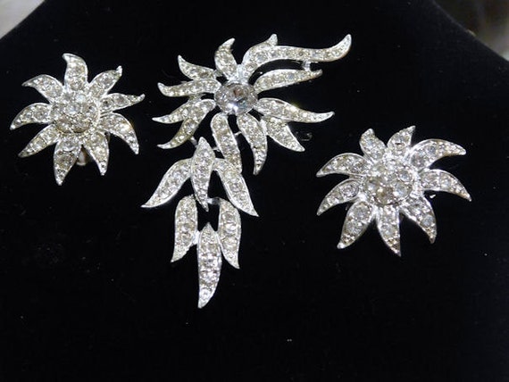 Sarah Coventry Brooch Pendant Earrings Mid Century 60s Vintage Rhinestone Jewelry Hollywood Wedding EVENING ACCENT Demi Parure Bride Bridal