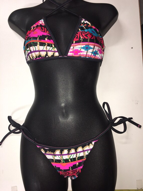 LIMITED edition *** MissManeater AZTEC thin bind fixed triangle bikini top with thin bind tie side boutique bikini pant ***SUPER low rise!
