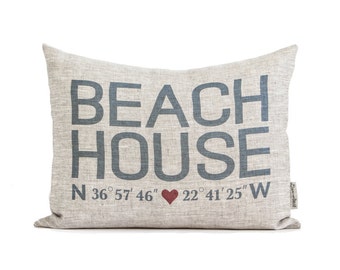 Beach House Coordinates Pillow, Housewarming Gift, Home Away From Home, Gift For Him, Gift For Her, Rustic Home Decor, Decorative Pillows