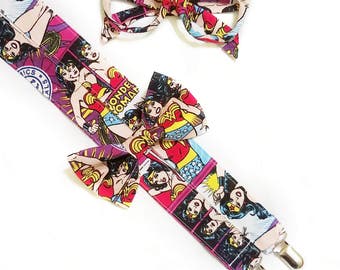 Suspenders and Hair Bow (or Bow Tie). Comic Book Wonder Woman Accessories. Superhero Girls Fashion for Birthday. Nerd Glasses. Plus Size