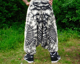 Black and White Tie Dye Harem Pants Aladdin Trousers Thai Hill Tribe Fabric Unisex Men's Women's Ladies