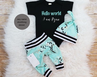 Hello World Baby Boy Outfit Take Home Outfit Organic Newborn Baby Boy Outfit Newborn Boy Clothes Baby Shower Gift Photo Prop