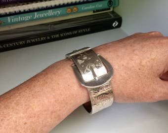 Antique Victorian sterling silver etched buckle bangle/bracelet, Gift, Bridal, Wedding, Keepsake, Heirloom, Love Token, Jewelry, Jewellery