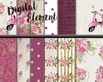 Digital Paper, Digital Scrapbook Paper, Shabby Chic Pink Rosy Digital Paper, Vintage Wedding Floral Paper, Watercolor Rose Paper. No.P154