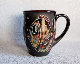 Mother day Coffee mug Large coffee cup fishes Gift for daughter Ceramic fishes Horoscope Black Pottery mug for her Espresso cup Big clay cup