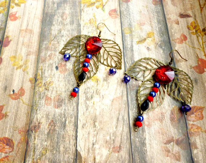 Red blue dangle earrings Embellished filigree leaves crystal brass tone earrings red crystals jewelry Spanish Baroque gift d g her birthday
