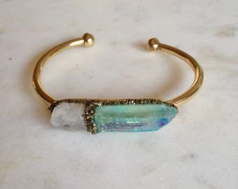 Moonstone jewelry, June birthstone, boho jewelry, birthstone bracelet, moonstone cuff bracelet, aqua Aura Quartz, healing crystals and stone