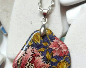 Sea glass pottery shard pendant with William Morris style hand painted design.
