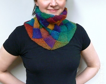 Hand-knitted entrelac multicolor shaded collar scarf/ neck warmer (green, teal, blue, purple, ruby, red, crimson, amber, orange, yellow)
