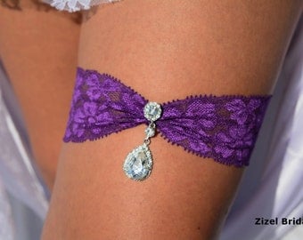 Wedding Garter Set, Garter Purple, Wedding Garter Belt, Wedding Garters, Stretch Lace Garter, Crystal Rhinestone, Garter Set, Purple Wedding