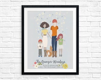Printable, Custom Family Portrait, Illustrated Family & Pets, Housewarming Gift, Personalized Gift
