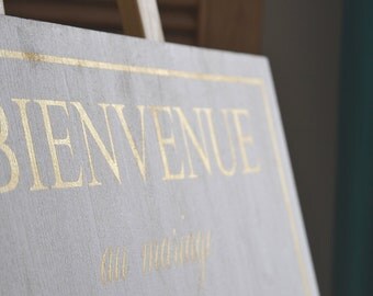 Panneau en bois doré ou argenté personnalisable pour mariage. Pancarte mariage dorée. Pancarte argentée mariage