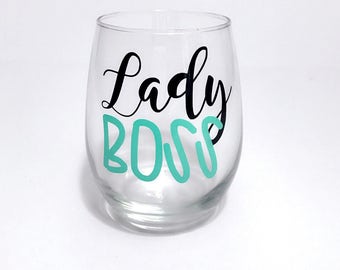 Lady Boss. Boss Woman. Personalized Stemless Wine Glass. Bachelorette Party. Bridesmaid. Birthday Gift. Boss' Day. Employee. Custom. Bridal.