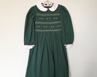 Gorgeous Vintage 1950's Handsmocked Green Handmade Cotton Dress with the Sweetest Pink Birdies and Peter Pan Collar Size 5/6 - OSVKC0016