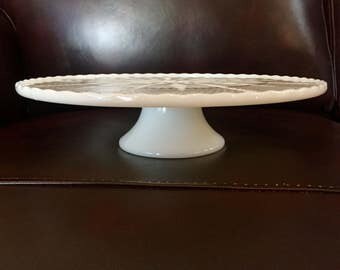 Vintage Anchor Hocking Milk Glass Cake Stand with Gold Accents