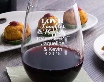 24 pcs Love Laughter Happily Ever After Personalized 9 oz. Stemless Wine Glassware- Wedding Favors - Personalized Favors -MIC2312-1