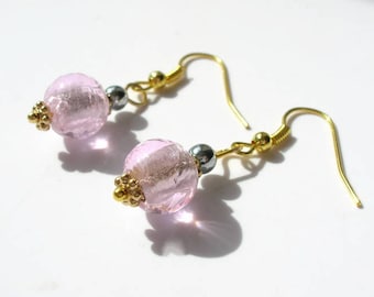 Pink lampwork glass beads earrings