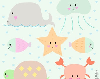 Under The Sea Clipart - Cute Sea Clipart Set - Sea Clipart - Kawaii Scrapbooking Clipart - Kawaii Clip Art - instant download