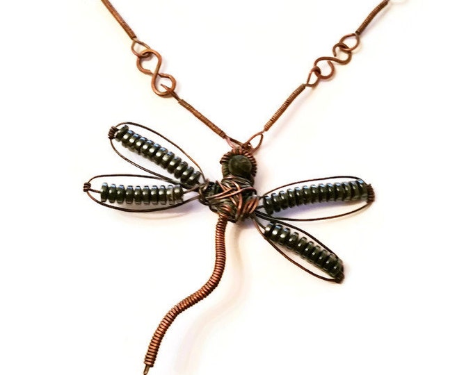 Hematite and Copper Dragonfly Pendant Necklace, Dragon Fly Jewelry, Copper Necklace