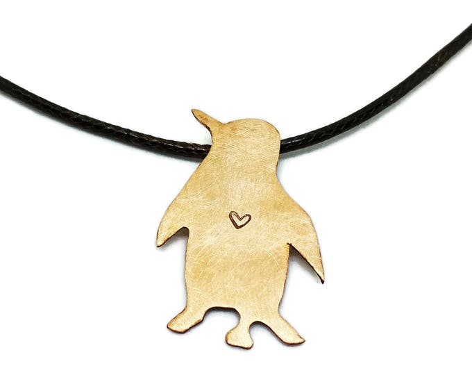Copper Penguin Pendant, Hidden Bail Penguin Necklace, Hand Stamped Heart Penguin, Penguin Jewelry, Unique Birthday Gift