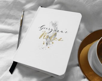 Medium hand made personalised notebook/journal, in my 'Mono Luxe' feather design, personalised name in rustic gold