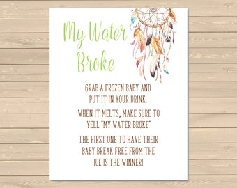 Dreamcatcher Printable My Water Broke Game, Boho Tribal My Water Broke Sign, Hippie Shower Game, Boho Drinks Game, Instant Download, 022-N